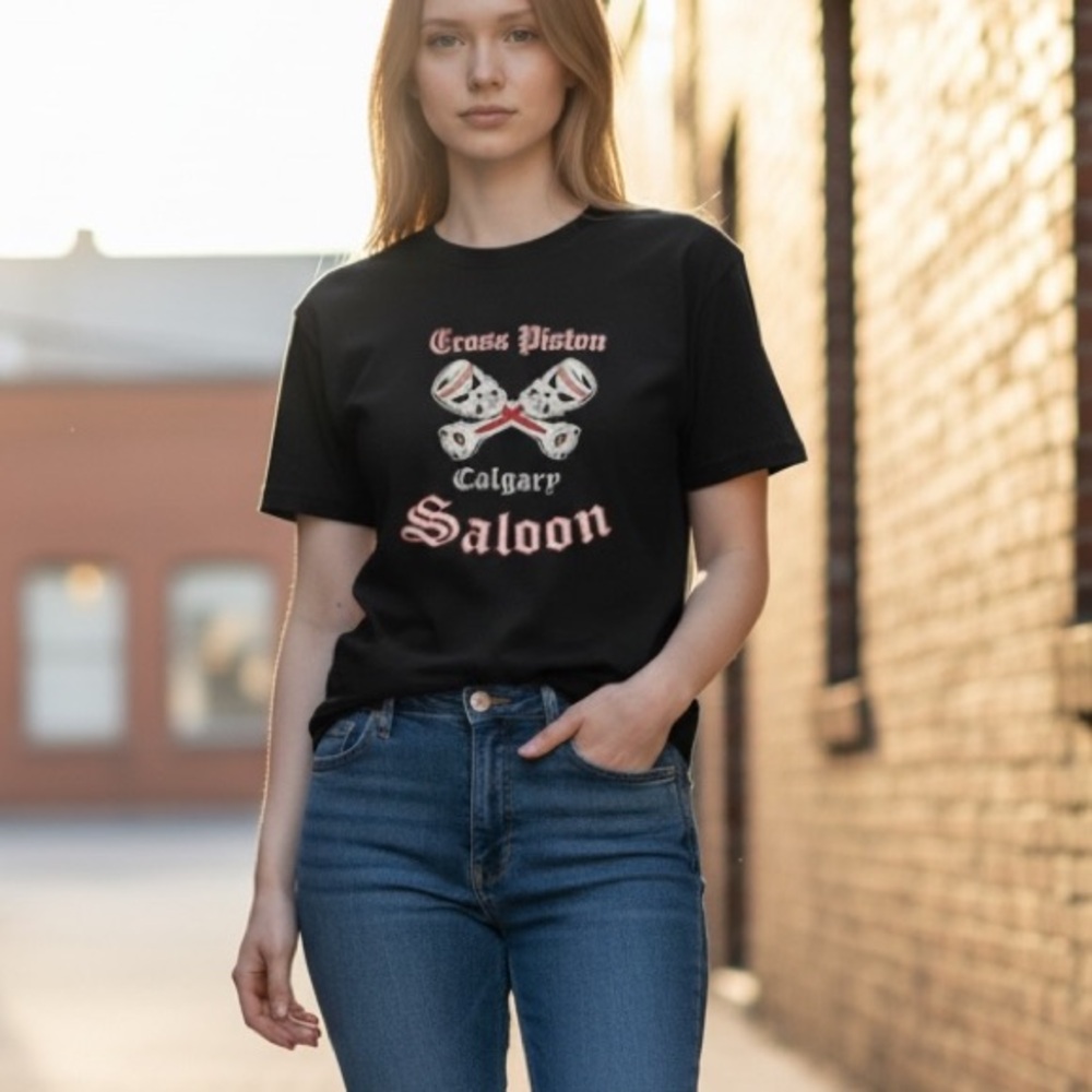 Vintage Cross Piston Calgary Saloon T-Shirt Black Sz L Heavy Cotton Souvenir‎